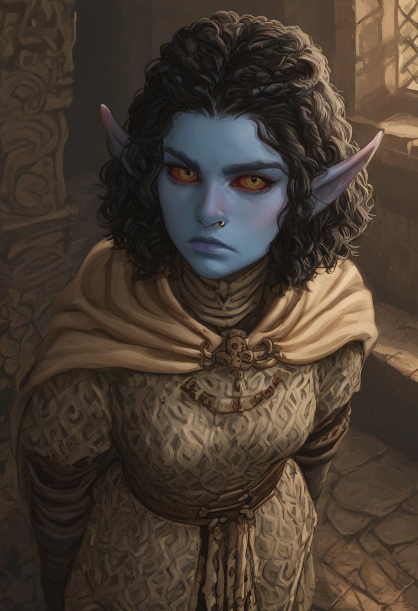 solo, short pointy ears, piercings, random elf face, aquiline features, androgenous dark elf, brow rings, nose rings, beaded piercings, weathered skin, large nose, insect chitin armor, insect chitin helmet, insect chitin ornaments, stylized insect pattern, athletic build,  animated realism, zoomed out, Syrian features, torso, brass pipes and gears, intricate architecture, dwarven masonry, dwemer fixtures, white-green light, gloomy lighting, ancient ruins, interior, stone tiled floor, grey-blue skin, mahogany and ivory clothes, medium armor, bone plate armor, ivory straps and fittings, alien bone ornaments, grey wood neckguard, red sclera, black pupils, blue-green light, neon, highly detailed, defined features, looking at viewer, three quarters view, from above, dynamic lighting, 19 years old, light and shadows, patterned cloth, annoyed expression, expressive eyes, detailed medieval clothes, medium_breasts, short hair, wavy hair, thick hair, beaded hair, braided hair, under cut hair, semirealistic, alien elf, spanish features, jewish features, black hair, dark red hair, umber skin, sharp features, pastel green inuit print cloak, nighttime, high detail, absurdres, pretty eyes, detailed eyes, yellow eyes,