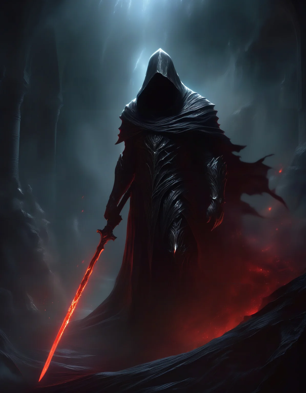 extremely detailed background, cinematic, masterpiece, a dark hooded figure, Dark Fantasy page, a reaper who seems to meld with the shadows, cloaked in armor made of bone and darkness, the figure exudes an air of mystery and forbearance, with a dark crimson aura, captures the anomaly and maleficence of the character with vivid detail, high contrast, deep shadows, <lora:Dark Fantasy:0.8> Dark Fantasy page, <lora:detailed_notrigger:0.9>, The Hood obscures the face completely, kneeling, <lora:M05_Intensify:0.5>, (torn cape:1.1), close up, light particles, the angency of evil, from below,