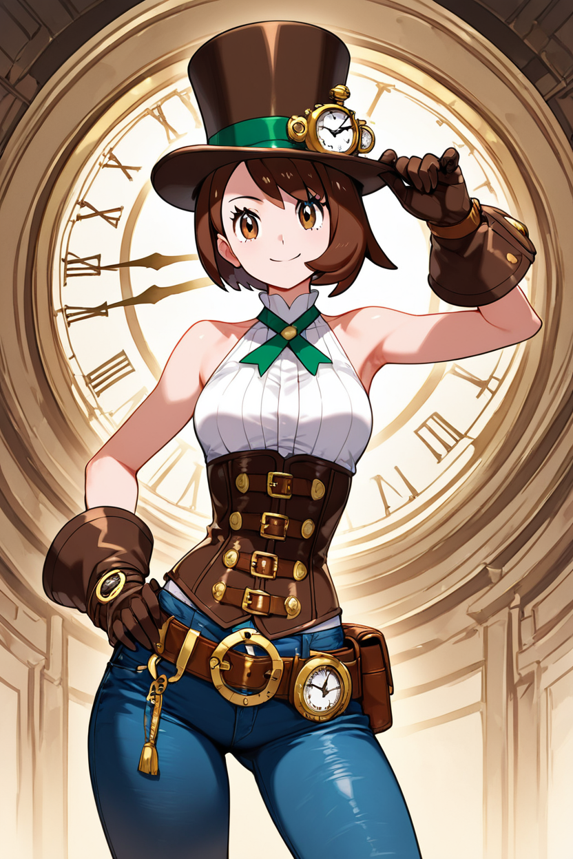 score_9, score_8_up, score_8, medium breasts, (curvy), cute, eyelashes,      ,,,  zzGloriaSPCitron, brown_eyes, brown_hair, short_hair, top_hat, steampunk, clock_on_belt, corset, bare_shoulders, big_gloves, tight_blue_jeans, white_halterneck, green_ribbon, goggles, brass_gear_details, vintage_pockets, leather_belt, steam_pipes, cogwheel, mechanical_accessories, airship_background, clouds, sepia_tones, dramatic_lighting, hand_on_hip, tilting_hat, confident_expression, adventurous_pose, windblown_hair, steampunk_fashion, industrial_elements,  <lora:GloriaSteampunkPDXL:1.0>,   ,,, smile, looking at viewer,  ,,, embedding:zPDXL, Expressiveh, <lora:SDXLFaeTastic2400:0.5>,  <lora:Expressive_H-000001:0.4>,