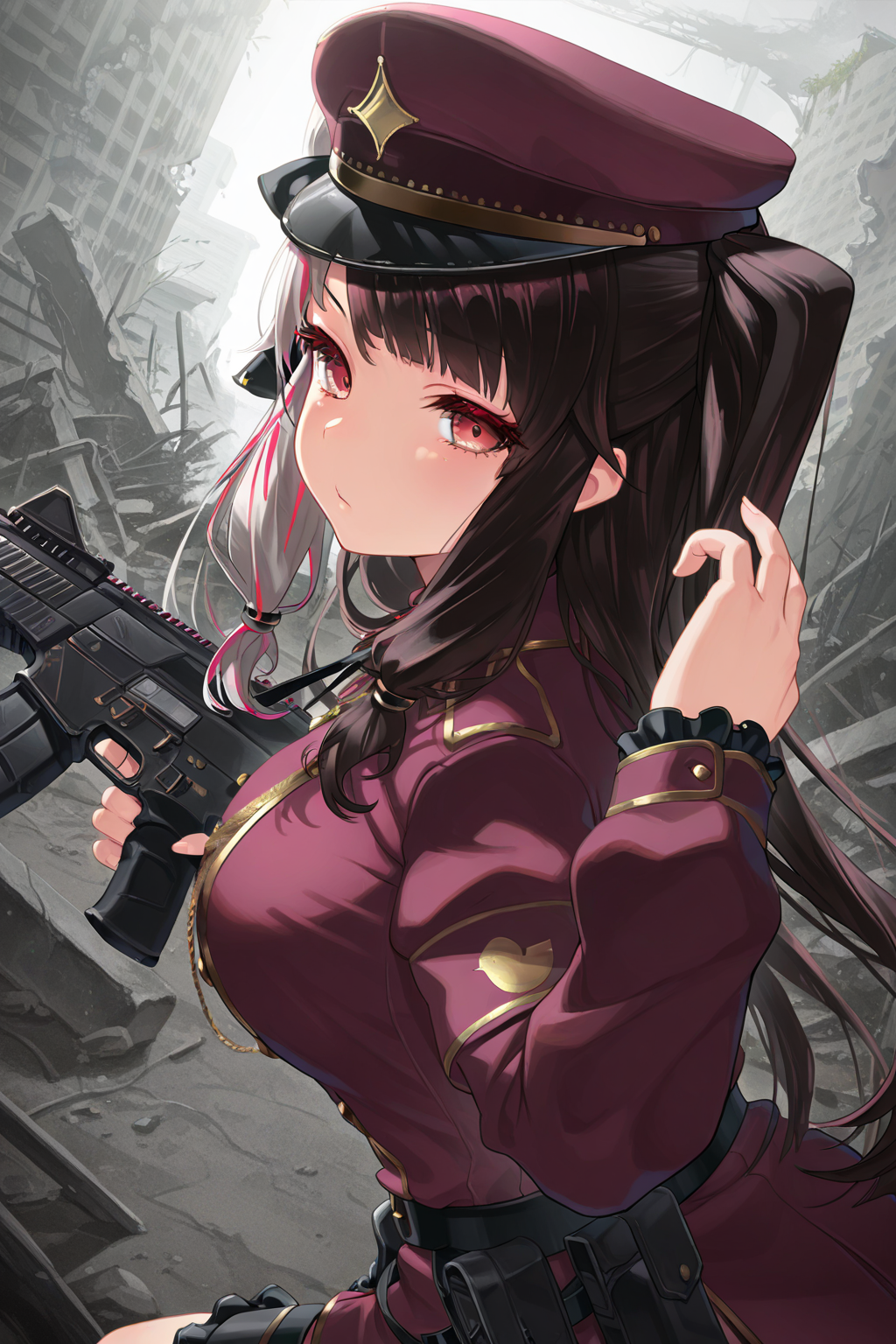 1girl, YorumiRenaNijisanji,
general, solo, perspective, dynamic angle, upper body,
long hair, twintails, eyelashes, red eyes, 
large breasts,
peaked cap, military uniform,
crouching, looking back, hand up, holding gun, assault rifle,
ruins,
<lora:kp_YorumiRenaNijisanji2ndCostumeIllustrious_v1_0:1.0>,
masterpiece, best quality, amazing quality