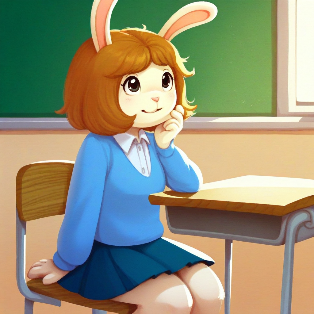 score_9, solo, datillo_a, rabbit girl, brown hair, animal ears, furry, skirt, cute, sitting, classroom