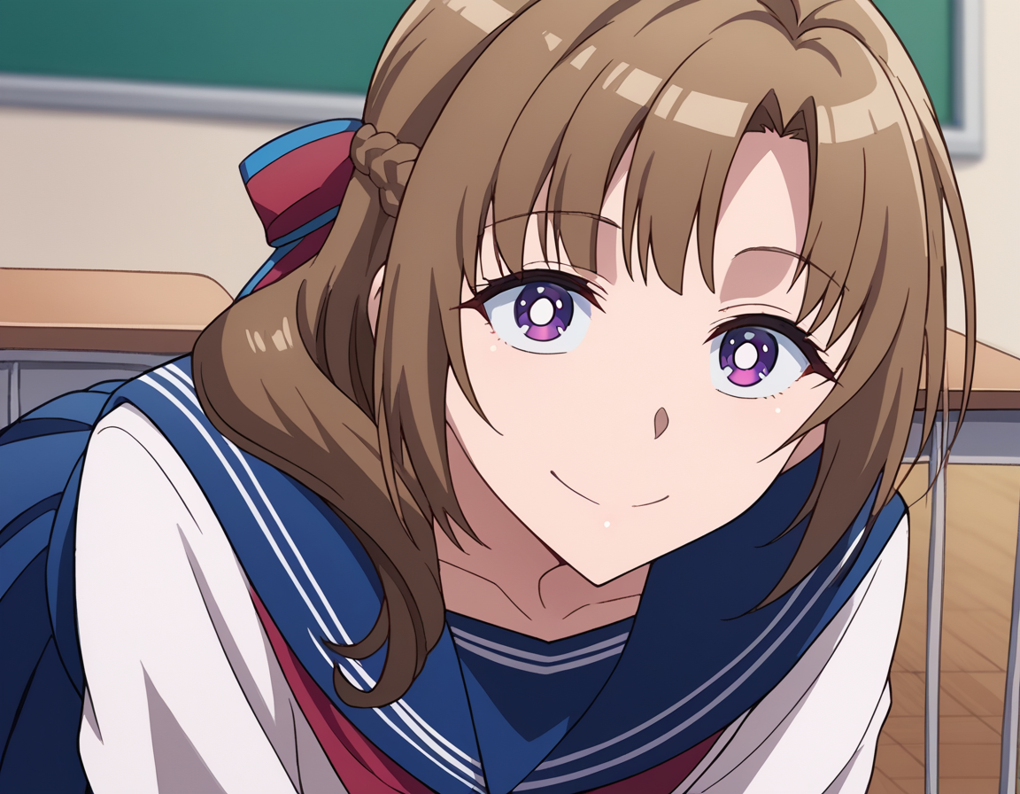 score_9, score_8_up, score_7_up, source_anime,
mamakooosuki, <lora:mamako-oosuki-s1-ponyxl-lora-nochekaiser:1>,
mamako oosuki, long hair, brown hair, purple eyes, hair ribbon, braid, bright pupils, french braid, white pupils,
skirt, school uniform, serafuku, blue skirt, neckerchief, kneehighs, blue sailor collar, blue skirt, red neckerchief,
indoors, classroom, bent over, smile,
looking at viewer, cowboy shot, solo, dutch angle,