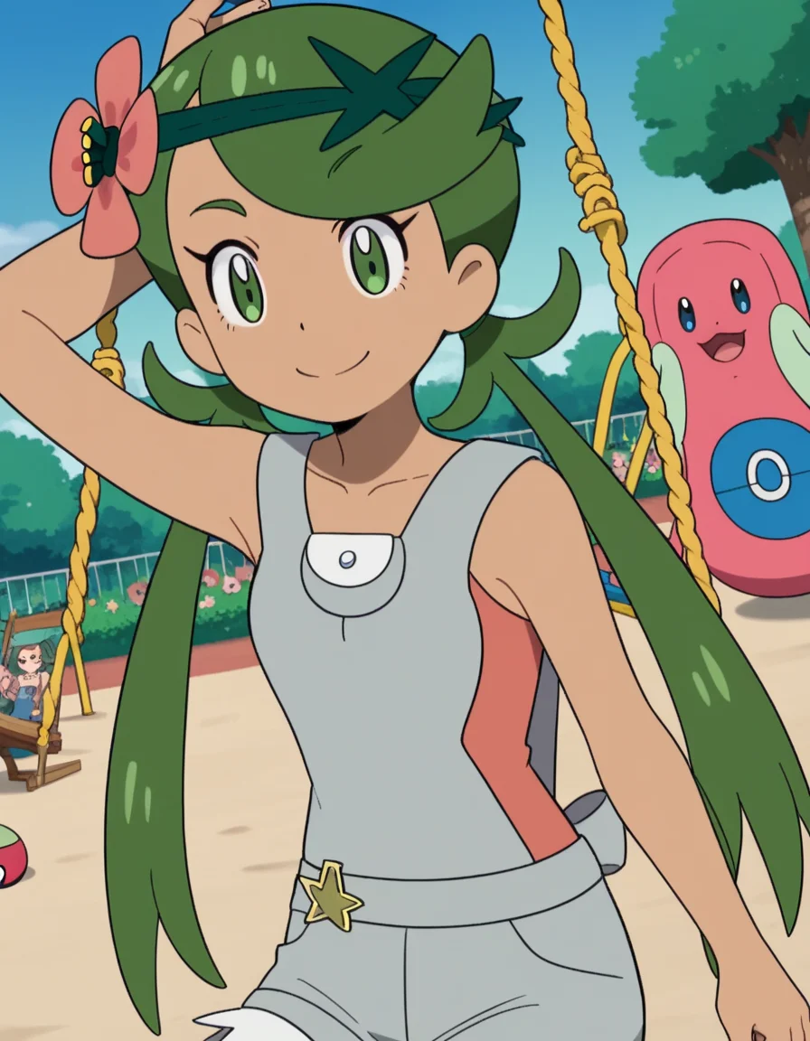 score_9, score_8_up, score_7_up, source_anime, <lora:pokemon-mallow-anime-ponyxl-lora-nochekaiser:1>, mallow, long hair, bangs, hair ornament, twintails, green eyes, flower, green hair, hair flower, dark skin, dark-skinned female, swept bangs, mallow (pokemon), collarbone, sleeveless, pink shirt, overalls,, public park, playground, swing set, laughter, sunny day, smile, , arm up, foot crossed over, hand clenched, solo,, cowboy shot, dutch angle