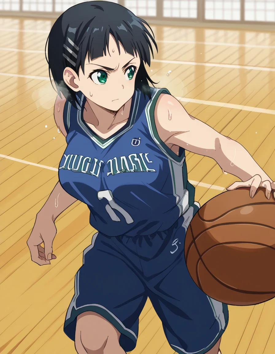 score_9, score_8_up, score_7_up, source_anime, suguhakirigaya, <lora:suguha-kirigaya-s1-ponyxl-lora-nochekaiser:1>, suguha kirigaya, short hair, black hair, hair ornament, hairclip, green eyes, large breasts,, <lora:basketball-dribbling-ponyxl-lora-nochekaiser:1> basketball dribbling, dribbling (basketball), basketball, basketball (object), basketball court, playing sports, ball, sweat, steam, running,, <lora:basketball-uniform-ponyxl-lora-nochekaiser:1> basketball uniform, basketball jersery, sportswear, jersey, shorts, sleeveless,, cowboy shot,