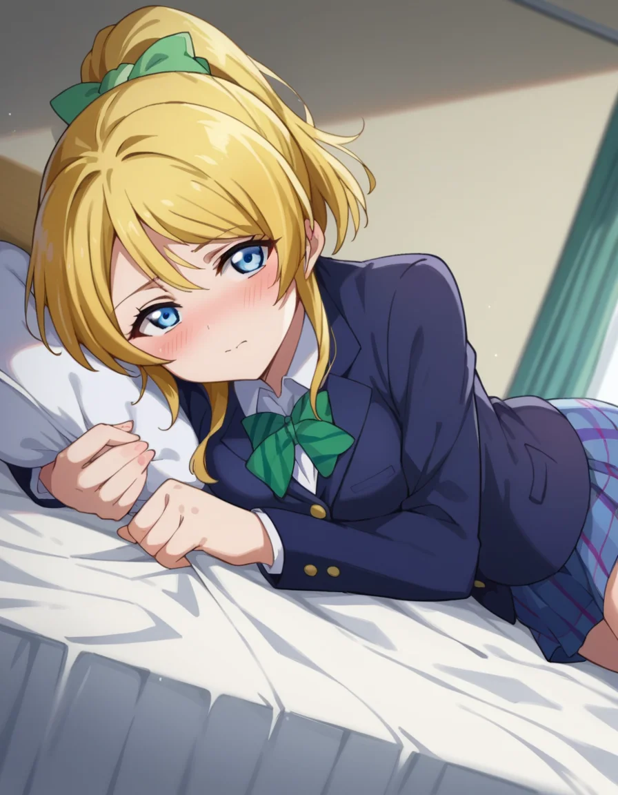 score_9, score_8_up, score_7_up, source_anime,
eliayase, <lora:eli-ayase-s1-ponyxl-lora-nochekaiser:1>,
eli ayase, yellow hair, blue eyes, ponytail, hair ribbon,
skirt, school uniform, jacket, blazer, winter uniform, otonokizaka school uniform,
indoors, bed, bed room, on side, blush, drunk,
looking at viewer, cowboy shot, dutch angle,