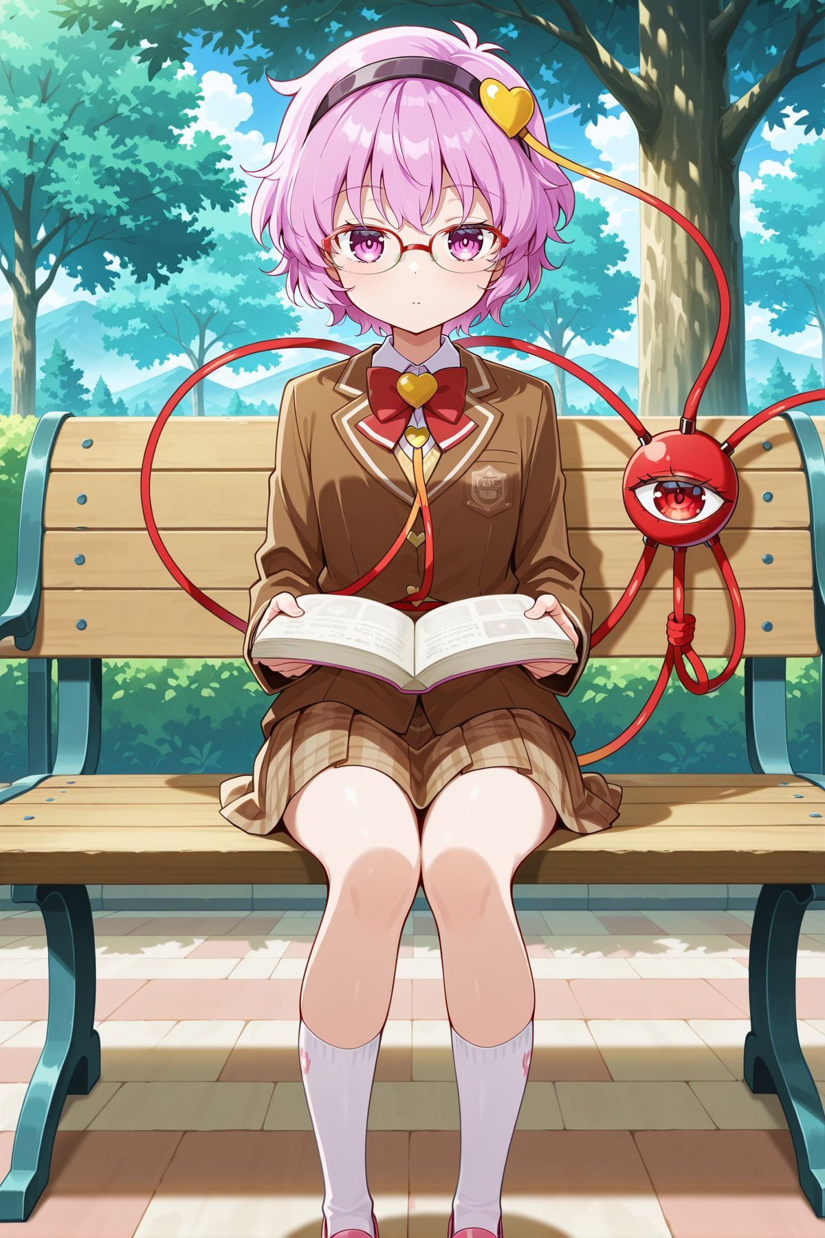 absurdres, highres, masterpiece, best quality, amazing quality, official anime artwork, screencap, anime screencap, looking at viewer, outdoors,  shadow, 
<lora:Komeiji-Satori_IllustriousV2:0.8> komeiji satori, 1girl, solo, pink eyes, pink hair, short hair, third eye,, komeiji satori \(smart earth spirit student president\), alternate costume, glasses, pink eyewear, black hairband, heart hair ornament, brown jacket, blazer, long sleeves, school uniform, collared shirt, white shirt, red bowtie, brown skirt, plaid skirt, pleated skirt, miniskirt, kneehighs, white socks, pink shoes, open book, sitting, bench, tree, reading,