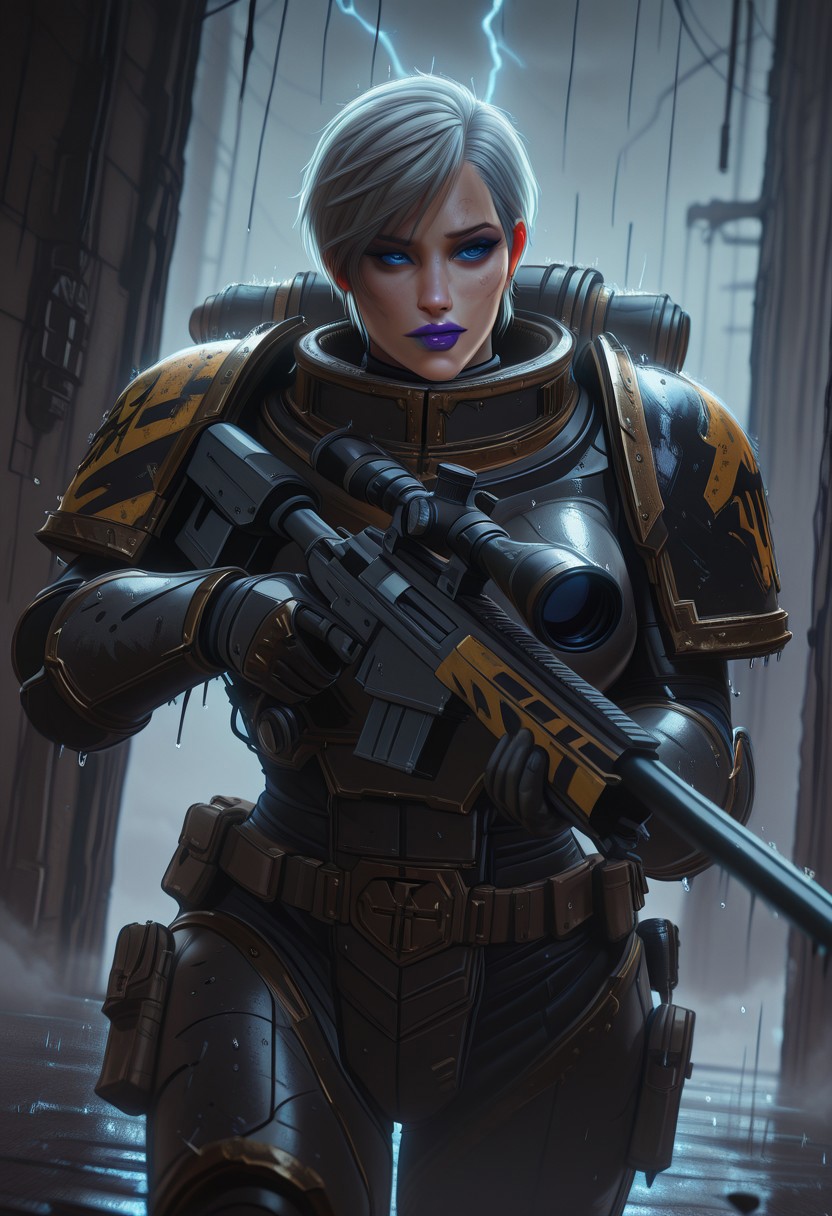 masterpiece, best quality,high quality, newest, highres,8K,HDR,absurdres, dynamic angle, realistic, 1girl, IronW40k, power armor, solo, 1girl, Meryl, milf, mature, silver_white hair, short hair, blue eyes, purple lips, holding a sniper, broken window, silhouette, creepy, backlit, haunted, lightning and thunder, rain, rainy, fog, mist, cold, dutch angle, dark interior, solo, close up, mid shot, dutch angle, <lora:ILLIronW40k:1>