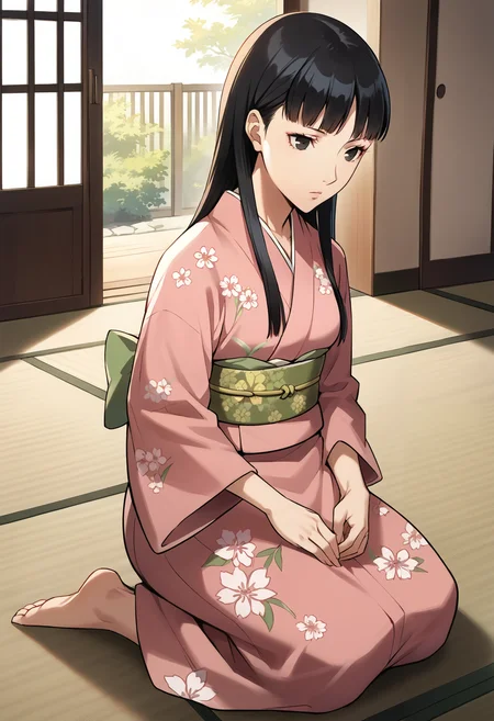 score_9, score_8_up, score_7_up, (source_anime), 1 girl, solo,
p3amagi, yukikokimono,
Amagi Yukiko, expressionless, kneeling, japanese clothes, pink kimono, floral print, green sash, obi,
indoors, tatami, masterpiece, best quality, ultra detailed, absurdres, very aesthetic