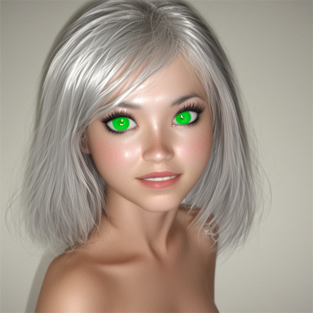 silver hair girl, bright green eyes, club background