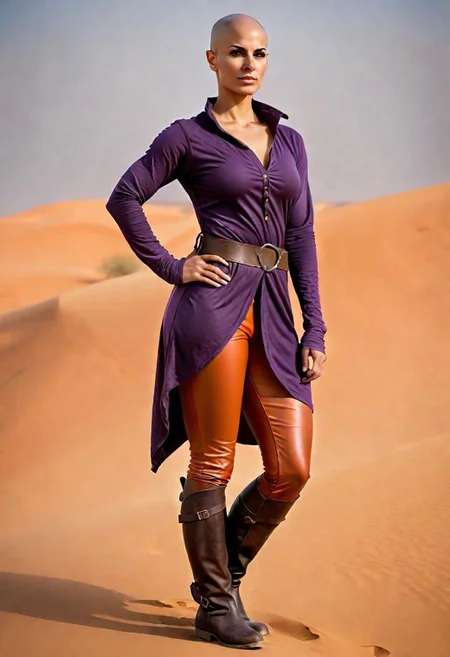 A strong, (extremely muscular:1.4) broad shouldered tall bald woman (Age 20:1.2) with no hair on her body and (dark tanned glossy skin). (Middle eastern features with brown eyes). (48C-42-46 figure:1.2). Wearing A (loose dark purple medieval mens tunic shirt:1.2), (tight burnt orange leather leggings:1.2) and calf boots. Desert Background. D&D Character, Wide angle, full body pose, photo realistic, masterpiece, HDR