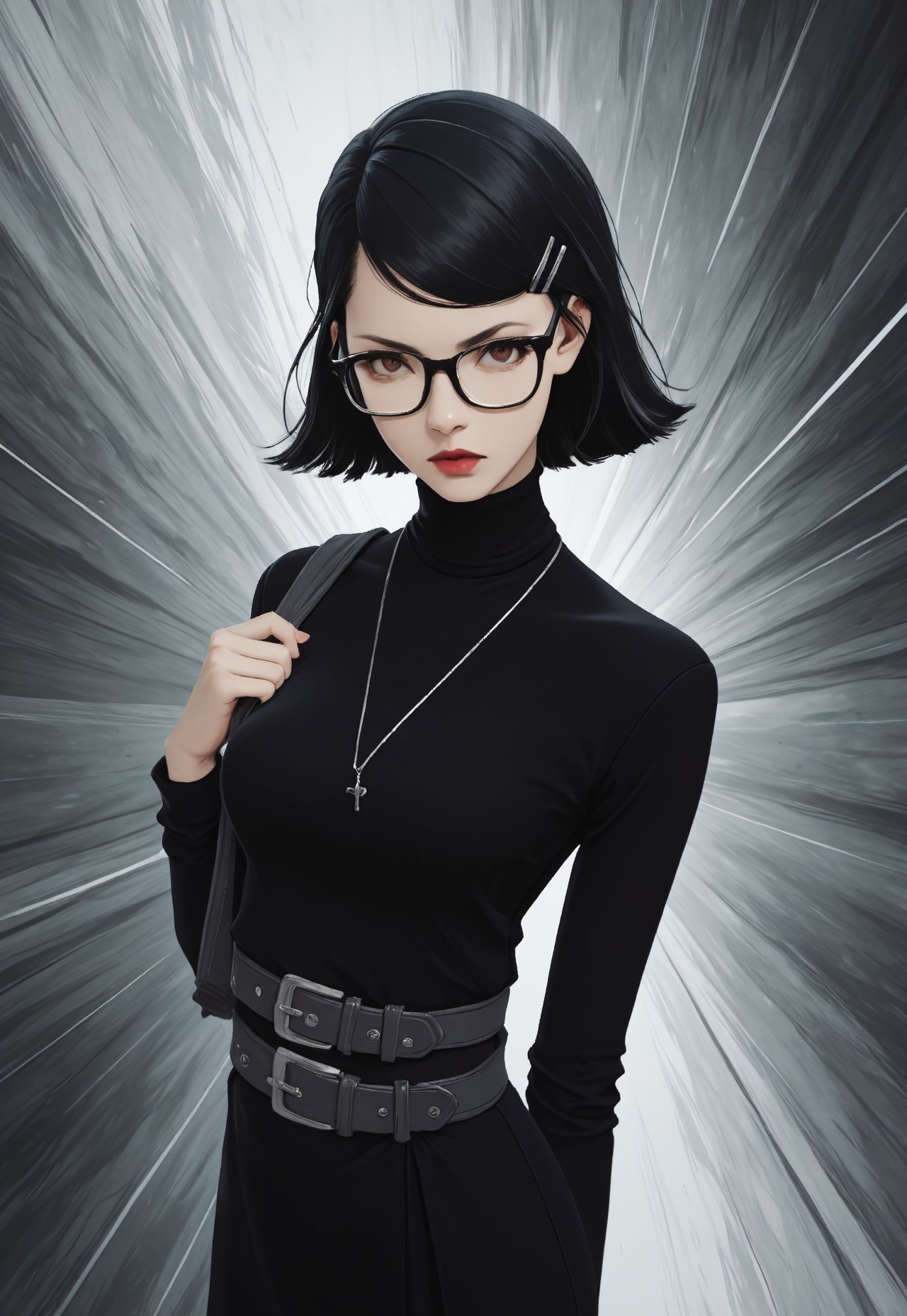 masterpiece, detailed eyes, high quality, best quality, highres, subject focus, Limited Palette, (minimalism:1.2), artistic, dynamic, cinematic, (motion), 1girl, solo, realistic, photorealism, k4t4yamap5x, black hair, short hair, brown eyes, hairclip, glasses, lipstick, necklace, black dress, turtleneck, belt, gazing over shoulder, obsidian, mist, grey, movie perspective, dynamic angle, cowboy shot, g4n1m3, abstract background