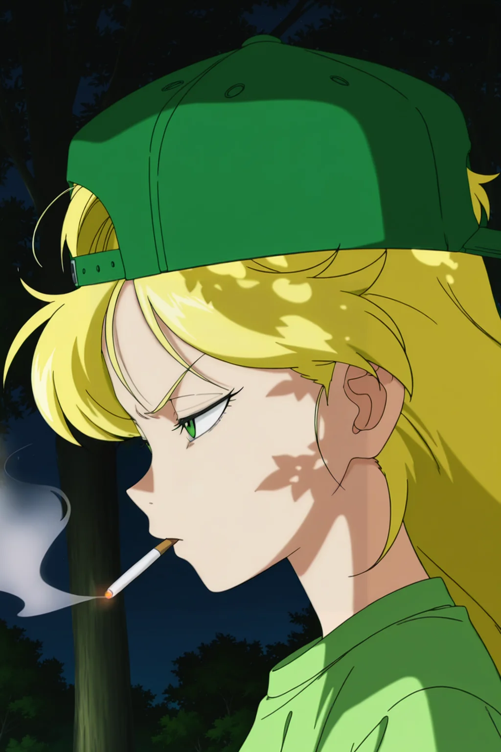 anime screencap, absurdres, high quality, official style,
launch bad, 1girl, solo, blonde hair, outdoors, from side, squinting, v-shaped eyebrows, green eyes, looking ahead, profile, mouth hold, portrait, backwards baseball cap, nature, tree, cigarette, green headwear, green shirt, smoking, night, dappled moonlight,
<lora:Launch_IL:0.8>