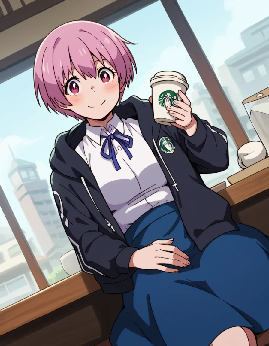score_9, score_8_up, score_7_up, source_anime, <lora:inca-kasugatani-s2-ponyxl-lora-nochekaiser:1>, inca kasugatani, short hair, pink hair, pink eyes, medium breasts,, skirt, shirt, ribbon, jacket, white shirt, blue skirt, neck ribbon, blue ribbon, purple ribbon, cafe, coffee cup, barista, sitting down, talking, relaxing, sunlight through window, smile, hand on stomach, blush,, looking at viewer, solo,, dutch angle, cowboy shot