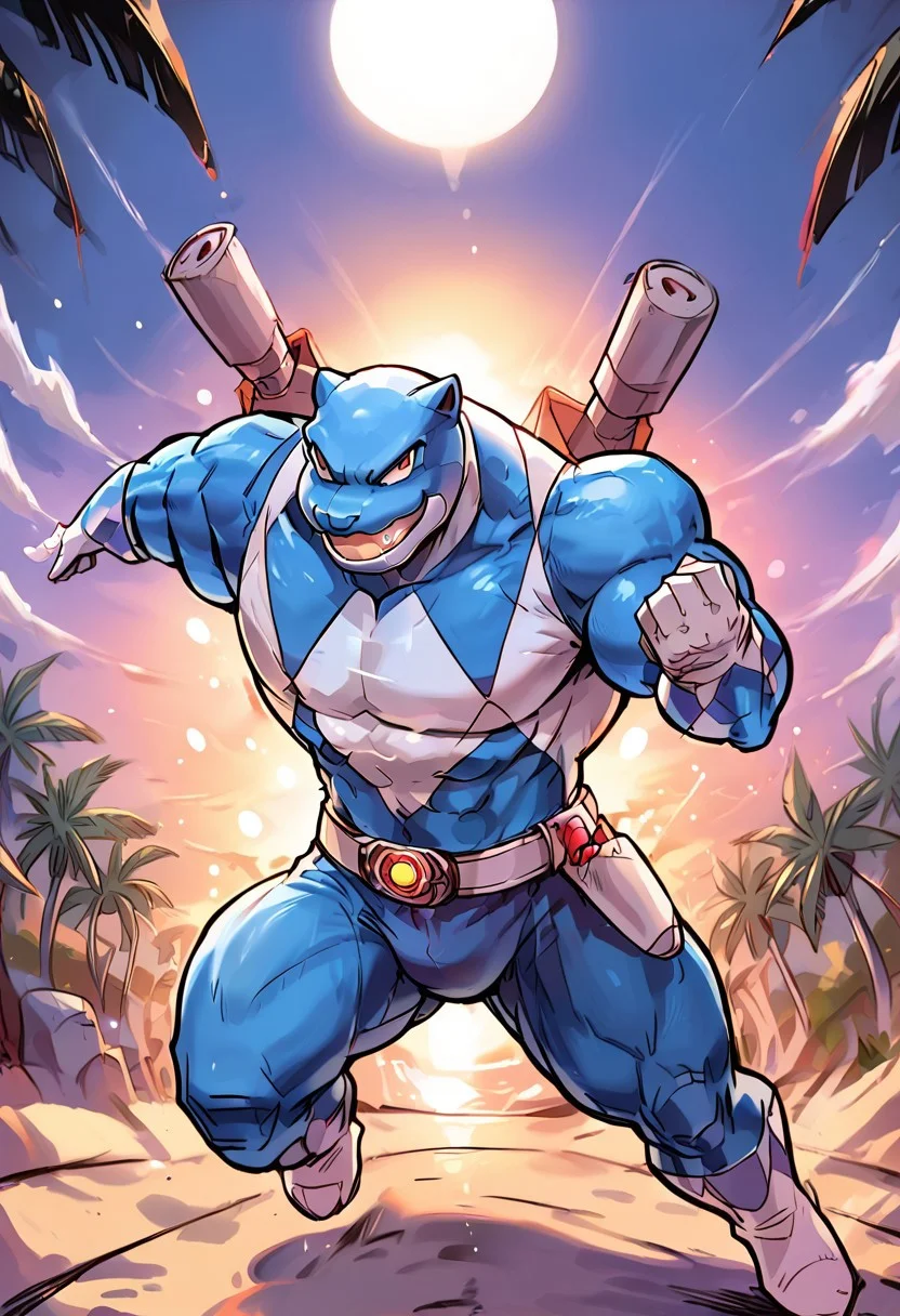 score_9, score_8_up, score_7_up, score_6_up, source_furry, solo, 1guy, male focus, full-length portrait, pokemon (creature), (mega muscles, hyper muscles, muscular), (anthro blastoise: 1.2), cannons, (blue bodysuit: 1.1), (blue power ranger: 1.1), (white gloves: 1.3), belt, white boots, (attack stance), (dynamic pose), BREAK, beach, ocean, palm trees, dof