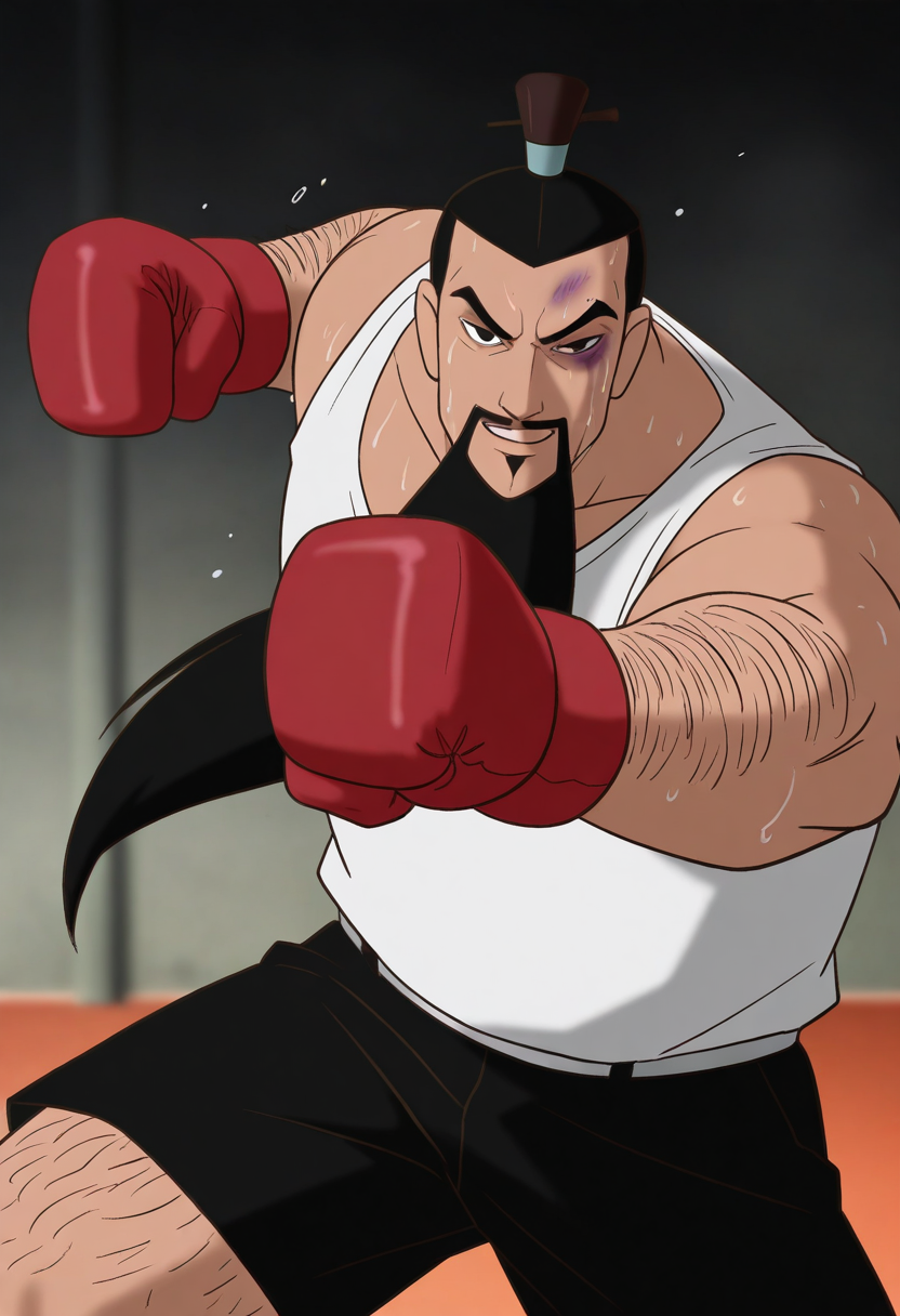 1boy, cowboy shot, facing viewer, dynamic pose, punching, incoming punch, red boxing gloves, sweat, white shirt, sleeveless, contemporary, black shorts, leg hair, arm hair,  bruised eye, smirk,
BREAK
lijing, mature male, black hair, mustache, very long beard, hair slicked back, black eyes, soul patch,
BREAK
topknot, hair stick, hair ornament, plump, indoors, <lora:dark:0.8>
BREAK
best quality, masterpiece, very aesthetic, absurdres, highest detailed, very awa, <lora:Li_Jing_from_The_Legend_Of_Nezha_v1.0:1>