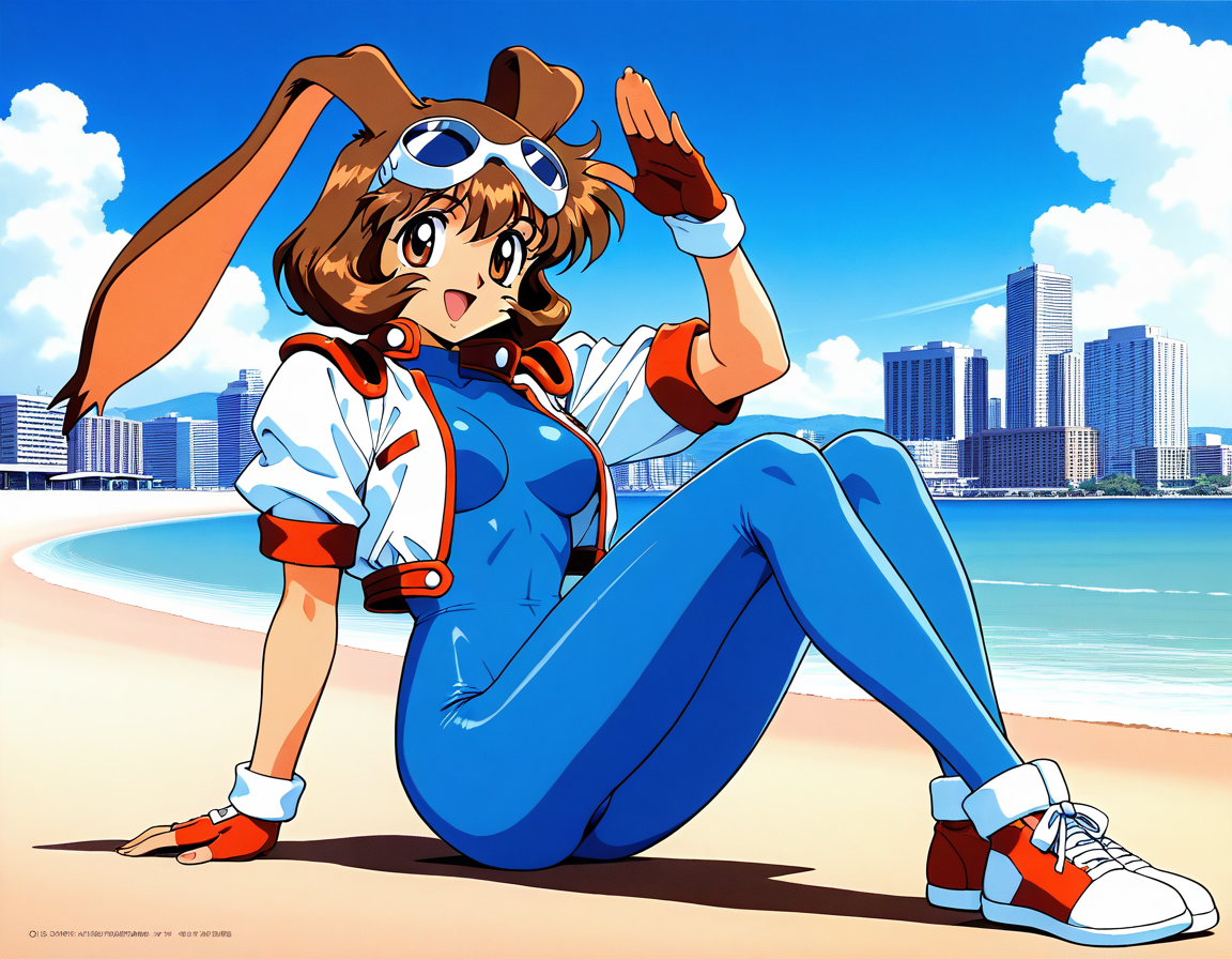 masterpiece, best quality, good quality, <lora:Makihara_Arina_IS:1>Makihara_Arina, brown hair, animal ears, goggles on head, rabbit ears, brown eyes, 1990s (style),  medium breasts,  anime style,
1girl, solo, gloves,  fingerless gloves, blue bodysuit, sneakers, cropped jacket, open mouth, smile,
 bodysuit, shoes, looking at viewer, jacket, full body, 
eyewear on head, bangs, spandex
blue sky, beach, building, clouds,