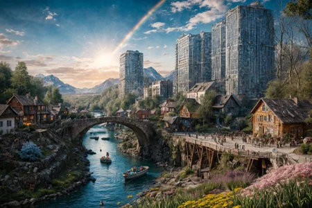(RAW photo, 8k uhd, Analog style, Masterpiece, Best Quality, Highres:1.4), (dramatic, cinematic:1.2), BREAK,
movie shot of colorful hyperdetailed fantastic fantasy mysterious magic landscape, above clouds, (medieval elven fantasy (village:1.35), (steampunk:1.05) (peasant:1.15) (robots:1.1) (crowd:1.35), playing (little steampunk (girl:1.25):1.1), (farm:1.31), (lake, (river:1.14):1.15), (bridges:1.4), (waterfalls:1.35), (boat:1.4), (dock:1.1), (cliff:1.35), road, (green:1.05) valley, (flowers:1.2), (maple trees:0.65), (green:1.05) (fields:1.3), (fences:1.3), (snowy:1.17) (pines:1.1), (pink:1.0) (flowering tree:1.12):1.22), BREAK,
((mountains:1.22), (futuristic:1.15) (overgrown:1.27) (skyscrapers:1.53) (ruins:1.35), (market, water wheel, castle:1.14), (colorful houses:1.2), birds, stairs, spaceport, ((bright morning sun daylight:1.05) rainbow pure (blue:1.05) sky, glowing:1.05), starry, crescent, meteor, ((fluffy cloud:1.2), godrays, light particles:1.05), various seasons, steam, smokes:1.2), BREAK,
(photorealistic:1.2), (intricate:1.3), (light theme:1.3), (inspiring joyful atmosphere:1.2), (fabulous, fantasy, mysterious, science fiction, post-apocalypse, incredible, amazing, happy, sunny, pastoral:1.2), (hyperdetailed, absurdres:1.2), (colorful, saturated:1.4), colorful lighting, BREAK,
<lora:more_details:1>,