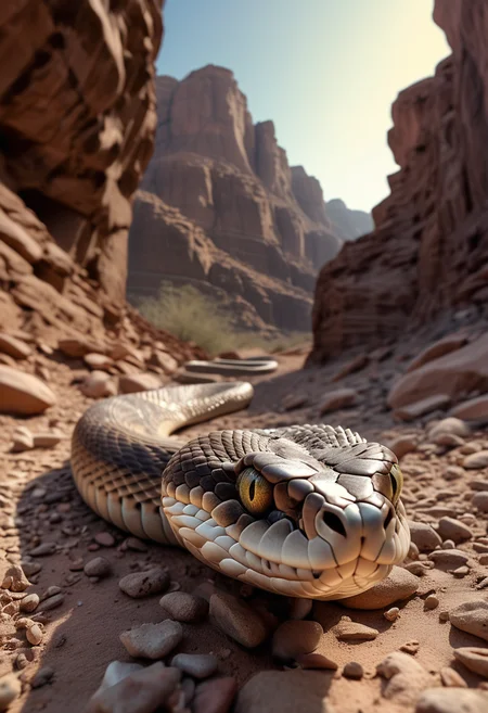 (medium full shot) of (fearsome snake) with slender body, heterochromia eyes, bronze brown iridescent scales, long fangs, spiked tail, spines along back, set in a rocky desert canyon, with towering cliffs and narrow passages, where the ground is littered with stones and the air is cool and dry, at dawn, ,Masterpiece,best quality, raw photo, realistic, very aesthetic