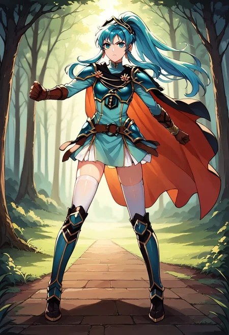 1girl, solo, alone, score_9, score_8_up, score_7_up, masterpiece, high quality, source_anime, very detailed, depth of field, cinematic illumination, volumetric lighting, full color picture, vibrant colors, solo, alone, 
EikFE, aqua hair, long hair, sidelocks, aqua eyes, EFit, high ponytail, hair ornament, jewelry, earrings, chest guard, breastplate, shoulder pads, turtleneck, short aqua dress, long sleeves, brown elbow gloves, bracer, brown belt, white skirt, two-tone cape, red cape, black cape, white thighhighs, black thigh boots, armored boots, zettai ryouiki,
full body, standing, facing forward, 
open field, lush forest, battlefield, action pose, dynamic stance, serious expression,