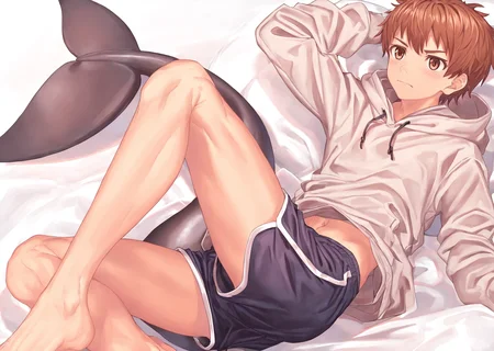 <lora:nayoshi241103:1>,nayoshi,1boy,male focus,solo,brown hair,barefoot,shorts,navel,hoodie,hood,brown eyes,midriff peek,short hair,dolphin shorts,midriff,