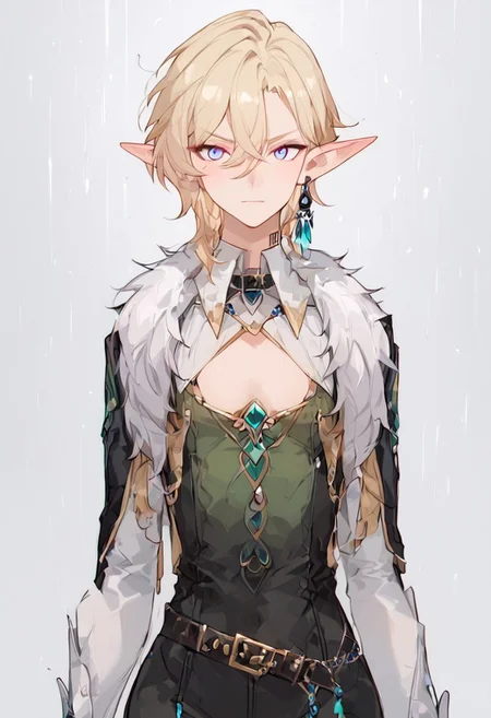 masterpiece,best quality,highly detailed,score_9,score_8_up,score_7_up,source_cartoon,expressiveh,
BREAK
blonde hair,aventurine,blue eyes,front view, 1androgynous,otoko no ko,1boy,AKnihtcurvy,tomboyish figure, bdone, tall height, male size, elf, pointy ears, blonde hair, cape, tube top/green vest, shoulder tattoo, gloves, boots, colored skin, pale, POINTY ELF EARS, short hair, messy hair, silver white hair, glare in the eyes,rosy freckles, green cloak, green thights, green leggings, a long piece of indigo fabric tied together to form a belt with a number of gold details,short hair,solo, alone,shiny skin,slim body, small breast,small bust,soft breast, big hips,silver armor bracers, athletic body, slightly toned, oiled body, closed_cloak, brooch, robe, cloak, green skintight, fully clothed
BREAK
heavy looking eyebrows, big dizzy eyes,
BREAK
heavy rain,