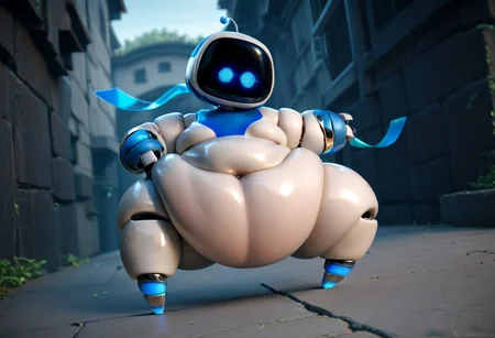 score_9, score_8_up, score_7_up, score_6_up, score_5_up, score_4_up, full body shot, solo, humanoid robot, antennae, blue eyes, glowing, blue scarf, ((((((obese))))))