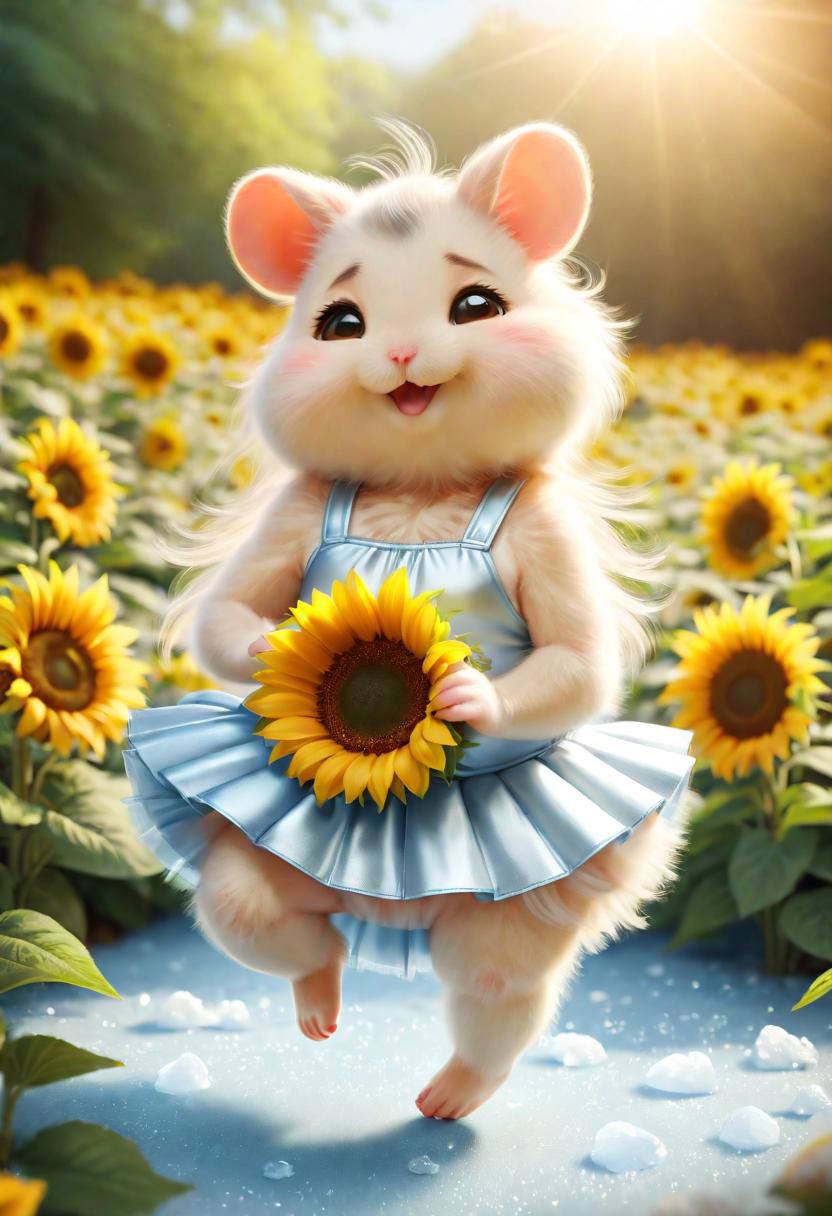 ral-fluff,<lora:ral-fluff:1>,
chibi,masterpiece,best quality,original,official art,silver metallic hamster, tutu,flower,blurry background,rendering,beautiful detailed glow,(detailed ice),beautiful detailed sun,sunny, blurred flower, happy, many little sunflower