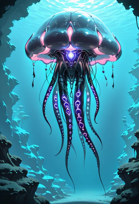 masterpiece, best quality, no humans,   ,<lora:TechJelly_IXL:0.7>,  TechJelly, sleek black body, glowing purple circuit patterns, jagged metallic edges, tentacles with digital tips, underwater ruins, bioluminescent sea creatures, floating motion, low-angle perspective, deep blue lighting, serene yet foreboding atmosphere â Beneath the deep ocean, TechJelly drifts through the underwater ruins of a once-great city. Its sleek black body is adorned with glowing purple circuit patterns that pulse with energy, while jagged metallic edges suggest both beauty and danger. Its tentacles, tipped with digital nodes, extend into the depths, gathering information from the surrounding bioluminescent sea creatures. The low-angle perspective gives the scene a sense of vastness, as the creature floats gracefully in the dark waters. The deep blue lighting from below creates an eerie calm, yet there is an underlying tension, as though TechJelly is on the cusp of uncovering a long-lost secret.