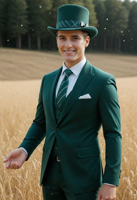 anime style portrait of a Detroit-style gender bender digital human named Connor, with striking green eyes and a subtle smile, wearing a sophisticated green corduroy suit, a glitter crop top revealing his midriff, and a green top hat adorned with a striped bow. He stands solo amidst a field of vibrant green clovers, with a prominent four-leaf clover near his hand, surrounded by ethereal light particles. Shot with a Sony a7R IV, 85mm lens at f/1.8, ISO 100, 1/200s shutter speed, bathed in soft, magical golden hour lighting, with a shallow depth of field to emphasize Connor and the clovers, creating a whimsical yet formal atmosphere.