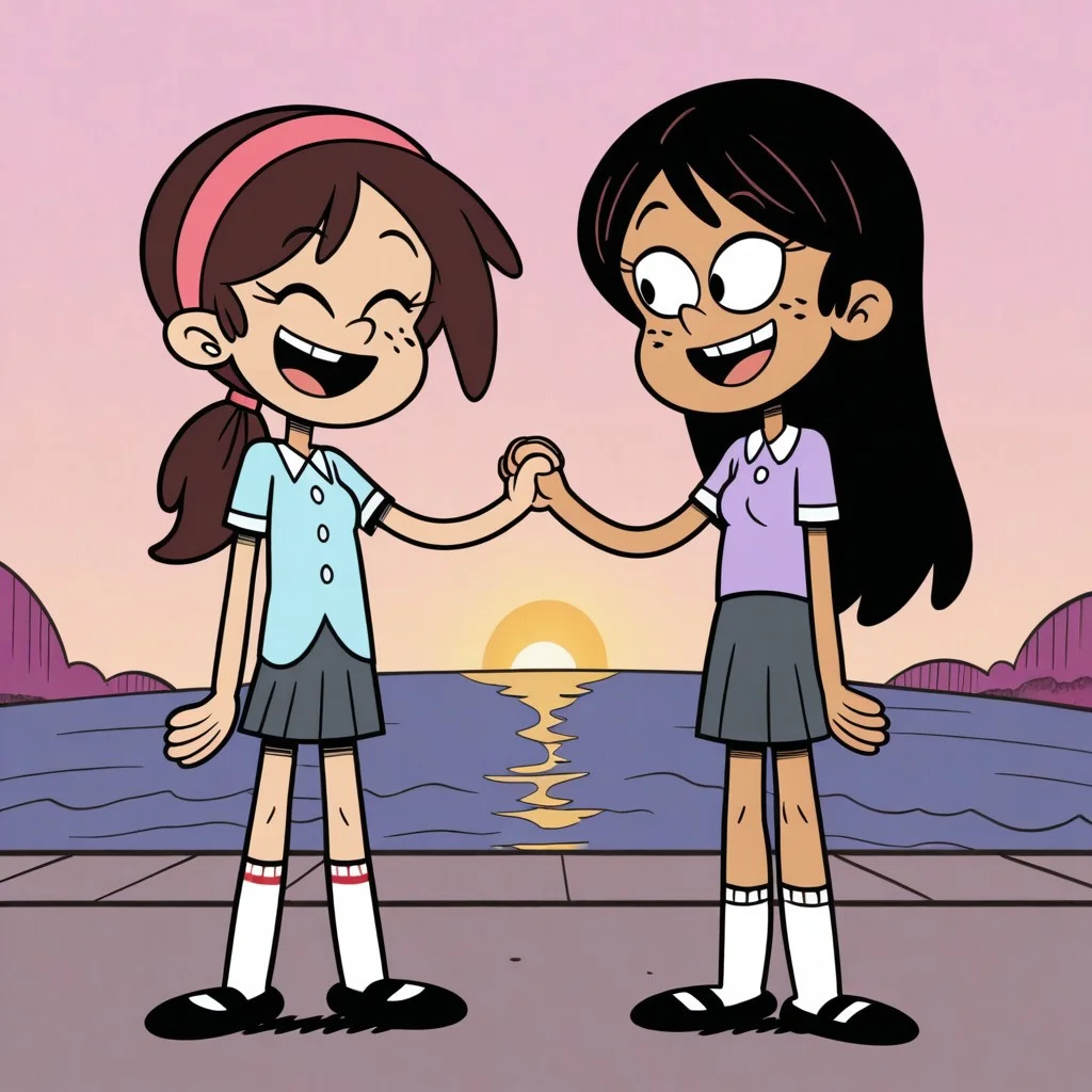 the loud house style, black eyes, flat color, 2girls, girlfriends
Ronnie Santiago, black hair, ponytail, tan skin, freckles on cheeks, purple shirt, grey skirt, white socks, black shoes, school uniform, average height of equal characters.
Sid Chang, brown hair, pink hairband, blue shirt, grey skirt, white socks, black shoes, school uniform, average height of equal characters.
holding hands, closed eyes, open mouth
high resolution, masterpiece, best quality, absurdres, ultra detailed, very aesthetic, perfect details, private place, below, average height of equal characters
outside, sun, ocean, neighborhood, standing, smiling, different character, high quality image, average height of equal characters