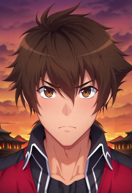 masterpiece, best quality, , (photorealistic:0.6), looking at viewer, 1boy, solo, male focus, <lora:issei_hyoudou_ilxl:1>, issei_hyoudou, brown hair, brown eyes, hair between eyes, short hair, dxd hero, volcanic temple, lava altars, ash gardens, obsidian halls, worship pose, intense expression, twilight, ,