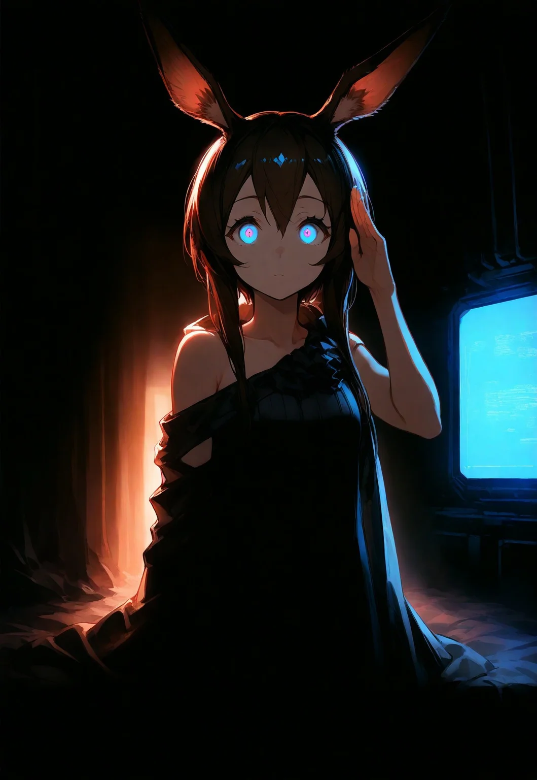 safe_pos, 1girl, young, amiya, arknights, mind control, solo, masterpiece, best quality, very aesthetic, mind control, bare shoulder, bare arm, futuristic, bedroom, warm lighting, lighting from behind, dark, slender, salute, flat breasts, expressionless, glowing eyes