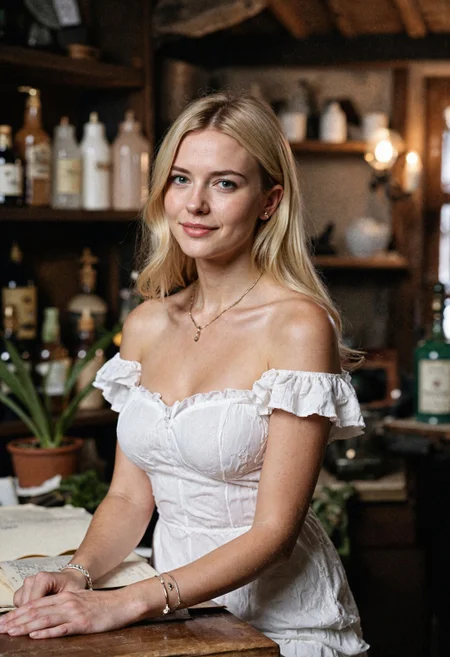 cinematic film still inematic photo highly detailed documentary photo of herbalist, 1girl, solo, long hair, looking at viewer, smile, blonde hair, bare shoulders, jewelry, green eyes, indoors, blurry, bracelet, lips, book, depth of field, plant, realistic, potted plant, candle, medieval shop, masterpiece, best quality:1.1, ultra photoreal, photorealistic:1.0, sharp focus:1.1, depth of field:1.1, god rays:1.4, 50mm, style of Nathan Wirth, Hasselblad X1D II, Porta 160, (((boobs out))) detailed embroidery , ((white dress)) ((big boobs)) . 35mm photograph, film, bokeh, professional, 4k, highly detailed <lora:lora-sdxl-perfect-eyes:1>, cinematic photorealistic, 8k uhd natural lighting, raw, rich, intricate details, key visual, atmospheric lighting, 35mm photograph, film, bokeh, professional, 4k, highly detailed . shallow depth of field, vignette, highly detailed, high budget, bokeh, cinemascope, moody, epic, gorgeous, film grain, grainy