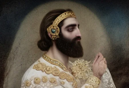 moon cycle arches above Cyrus the great in a long white dress meets with Zartosht, gold scrollwork, novuschroma style, daguerreotype photo