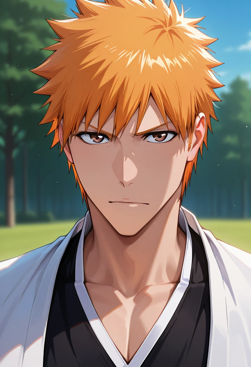 masterpiece, best quality, intricate details, (realistic:0.6), looking at viewer, depth of field, 1boy, solo, male focus, <lora:ichigo_kurosaki_ilxl:0.94>, ichigo_kurosaki, 1boy, orange hair, brown eyes, short hair, spiked hair, , , , , ,