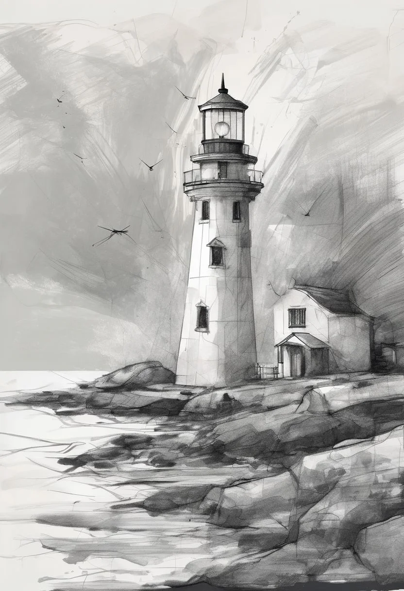 artstrtngpt, abstract sketch of a lighthouse on a tiny island