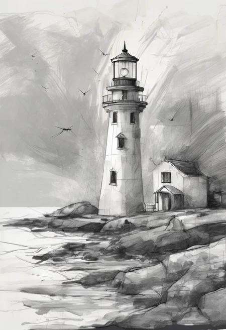 artstrtngpt, abstract sketch of a lighthouse on a tiny island