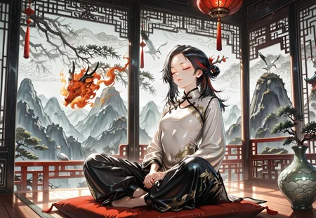 1rregular_b0, hyperdetailed_bg, (realistic_bg:1.2, su22eal_bg:1.2), (full_bg:1.4), (fantasy, 0ri3ntal_theme, chinese style, inkwash_bg, east asian architecture, egasumi), grey background, mountain top, mountain, cranes, japanese pine branch, (detailed background),
(1girl, solo, meditating, crossed legs, meditation, closed eyes, dragon spirit), (changpao, baggypants), ((great anatomy, correct anatomy, akariL, wide forehead, black hair, long hair, medium hair, red_streaked_hair, greenish_grey_pupils, red_iris, small breasts)),
fullbody, eye level, front view,
((masterpiece, absurdres, newest, best quality, visual impact, very aesthetic, perfect quality, absolutely eye-catching, high contrast)), 4K, detailed facial features, detailed clothing features, detailed texture,