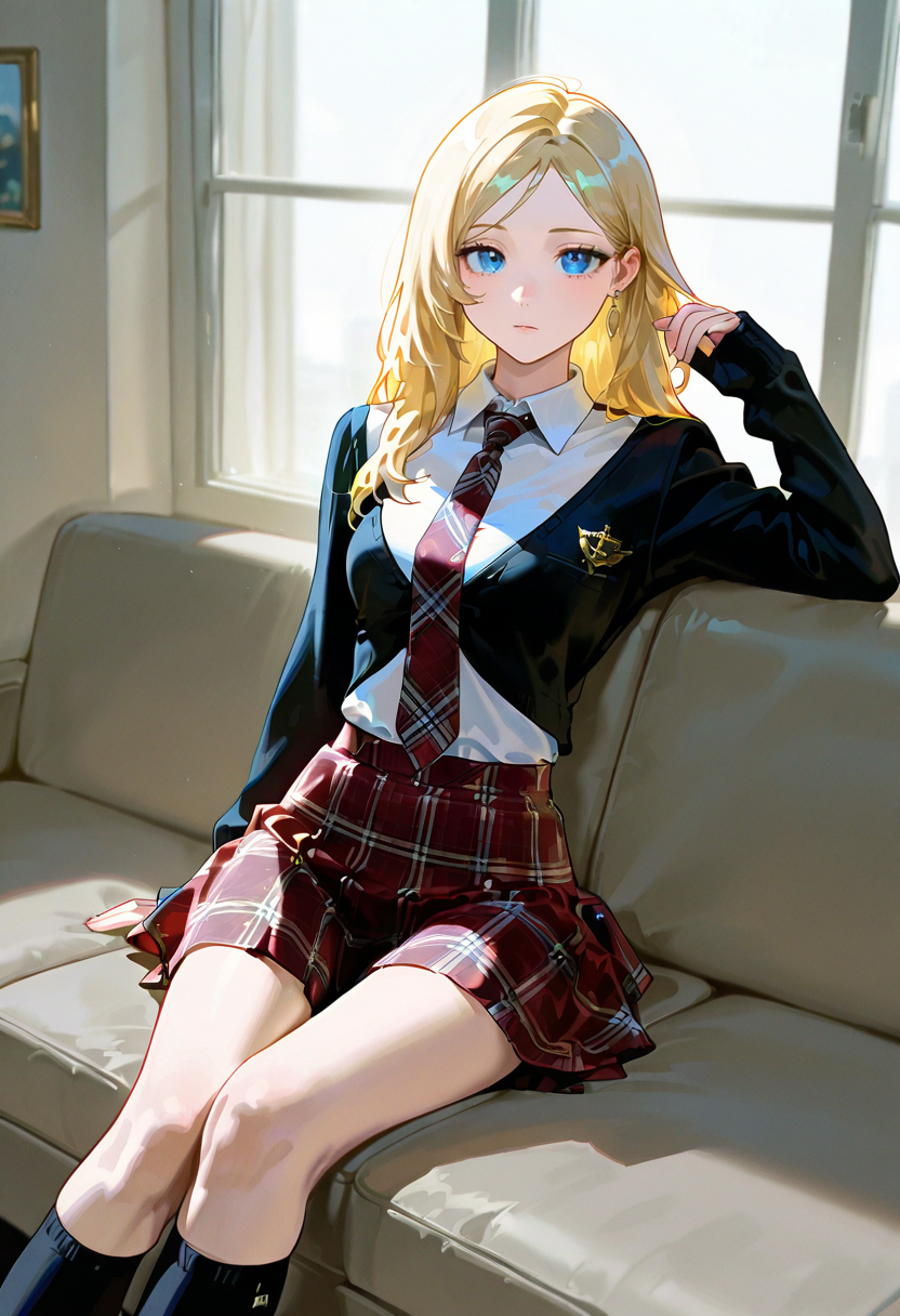 1girl,solo,looking at viewer, echo (circa), ssg skirt, necktie, plaid, socks, school uniform, white shirt, plaid skirt, jacket, krista_lenz