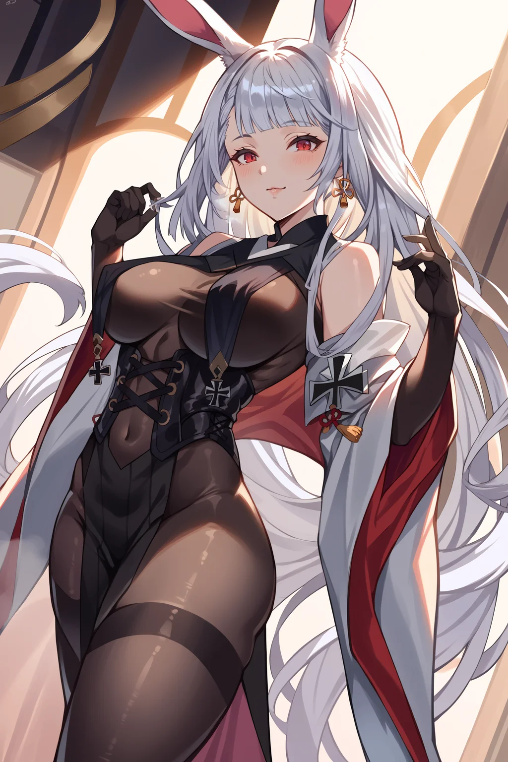 score_9, score_8_up, score_7_up, , rating_general ,1girl ,kgrsd, red eyes, blunt bangs, grey hair, very long hair, low-tied long hair, rabbit ears, braided sidelocks, hair tassel, hair ornaments, detached collar, bodystocking, breast curtains, iron cross, cape, detached sleeves, elbow gloves, black criss cross corset, thighhighs, dynamic angle, indoors, source_anime, <lora:KaguraPDCAMEq1v1.1 GBF-000008:1>, cowboy shot, abstract, spotlight, naughty face, alluring, shiny skin, in heat, steaming body , <lora:AegirPDCAME AL:0.7>