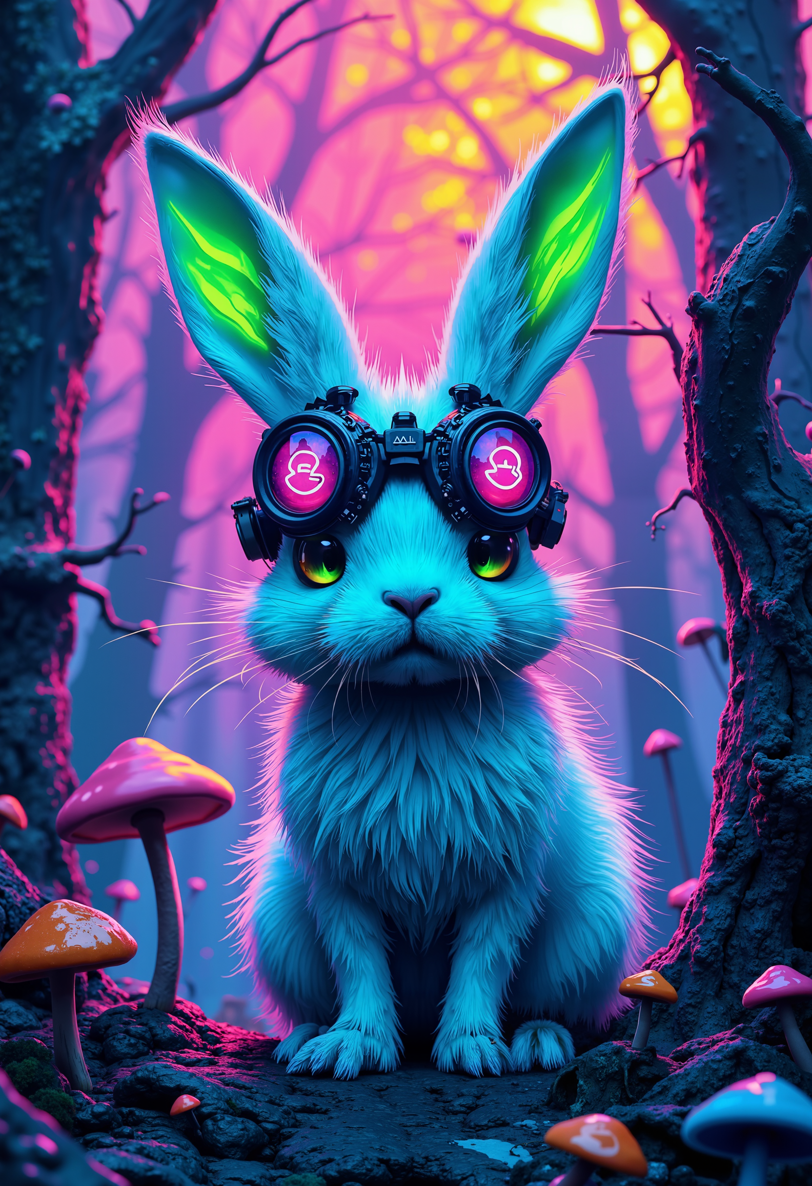 bo-neon, a digital artwork in a vibrant, surrealistic style, it features a large, anthropomorphic rabbit with large, expressive eyes and a unique, almost ethereal appearance, the rabbit's fur is predominantly white with a mix of blue and turquoise hues, giving it a surreal, almost otherworldly look, its ears are large and pointed, with a hint of green, and it wears a pair of black, circular goggles with a pink, circular logo on the front, the goggles are adorned with intricate, mechanical details, adding to its otherworldly appearance, in the background, a dense forest with tall, bare trees silhouetted against a gradient of pink, orange, and yellow hues from the sky, creating a surreal and dreamlike atmosphere, the trees have a twisted, gnarled appearance, with their branches reaching towards the viewer, the ground is covered in a variety of colorful, organic elements, including small, orange and blue mushrooms and other small, spherical objects, the overall color palette is dominated by cool tones, enhancing the surreal and fantastical nature of the scene, the artwork is rich in detail, with smooth textures and vivid colors, making it a captivating and visually striking piece of art<lora:FLUX Abyss Neon\abyss-neon.safetensors:1.0:1.0>