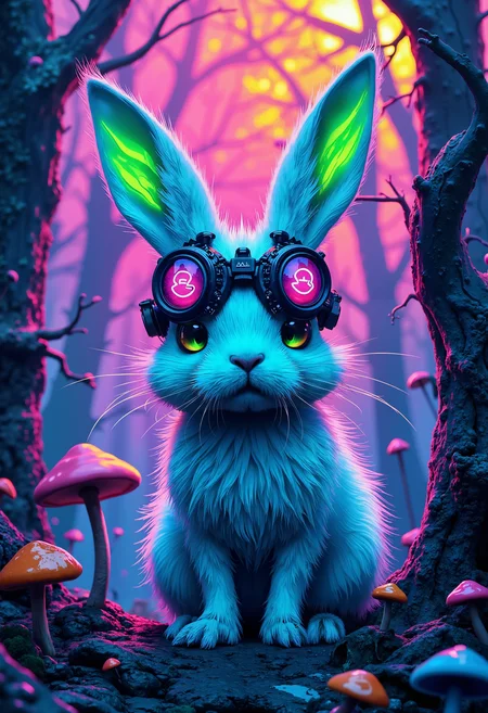 bo-neon, a digital artwork in a vibrant, surrealistic style, it features a large, anthropomorphic rabbit with large, expressive eyes and a unique, almost ethereal appearance, the rabbit's fur is predominantly white with a mix of blue and turquoise hues, giving it a surreal, almost otherworldly look, its ears are large and pointed, with a hint of green, and it wears a pair of black, circular goggles with a pink, circular logo on the front, the goggles are adorned with intricate, mechanical details, adding to its otherworldly appearance, in the background, a dense forest with tall, bare trees silhouetted against a gradient of pink, orange, and yellow hues from the sky, creating a surreal and dreamlike atmosphere, the trees have a twisted, gnarled appearance, with their branches reaching towards the viewer, the ground is covered in a variety of colorful, organic elements, including small, orange and blue mushrooms and other small, spherical objects, the overall color palette is dominated by cool tones, enhancing the surreal and fantastical nature of the scene, the artwork is rich in detail, with smooth textures and vivid colors, making it a captivating and visually striking piece of art<lora:FLUX Abyss Neon\abyss-neon.safetensors:1.0:1.0>