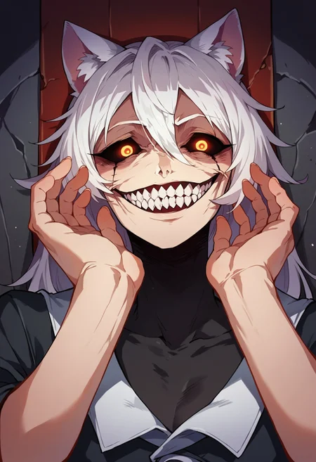 score_9, score_8_up,score_7_up,score_6_up, source_anime, 1girl, sitting on throne, cat ears, white hair, orange eyes,human,
solgo, sharp teeth, evil grin, black sclera, glowing eyes,
<lora:Solgo-grin-v1-potat:0.9>