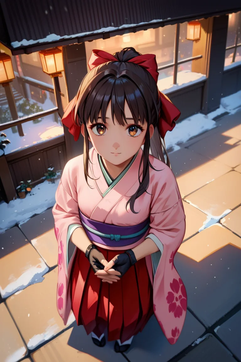 score_9, score_8_up, score_7_up, very aesthetic, source_anime, detailed, high quality, beautiful, masterpiece, detailed eyes,
cityscape, street, snow, night,
<lora:lightXL:0.8>
own hands together, looking up, from above, close-up,
<lora:sakuraS_autismConfetti_v01:0.95>
sakurabase, black hair, hair ribbon, red bow, brown hair, sidelocks, bangs, ponytail
japanese clothes, red hakama, pink kimono, meiji schoolgirl uniform, purple sash, fingerless gloves, green obijime,, zPDXL