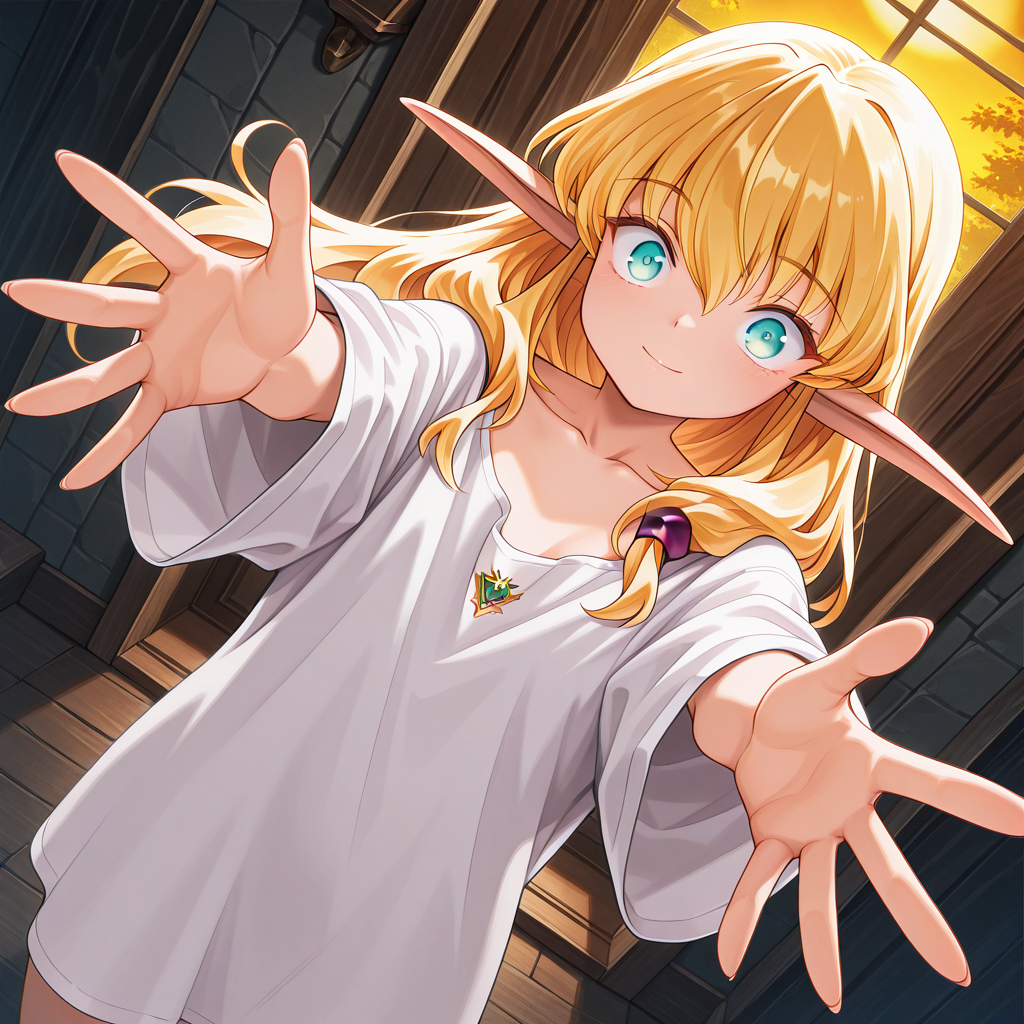 1girl,solo,<lora:IL_Collet_Brause_Pastel_Chime:1>,pc_cb,Collet Brause,elf,pointy ears,blonde hair,
dutch angle,with a golden hue,glowing,foreshortening,fantasy,looking at viewer,red hair chouchou,adult,oversized shirt,oversized clothes,collarbone,open arms for viewer,spread fingers,wide-eyed,closed smile,, masterpiece,best quality,amazing quality,very aesthetic,absurdres,