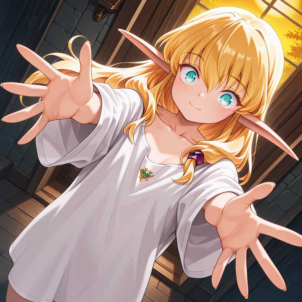 1girl,solo,<lora:IL_Collet_Brause_Pastel_Chime:1>,pc_cb,Collet Brause,elf,pointy ears,blonde hair,
dutch angle,with a golden hue,glowing,foreshortening,fantasy,looking at viewer,red hair chouchou,adult,oversized shirt,oversized clothes,collarbone,open arms for viewer,spread fingers,wide-eyed,closed smile,, masterpiece,best quality,amazing quality,very aesthetic,absurdres,