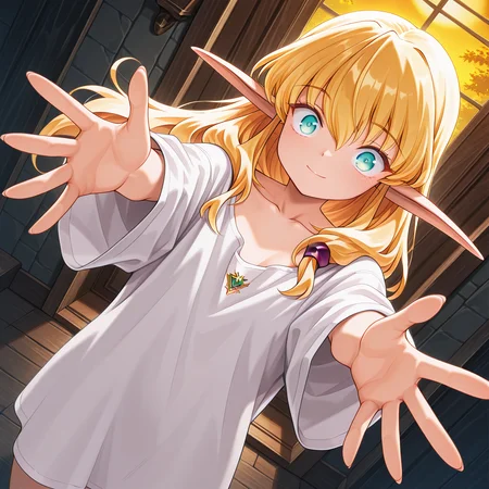 1girl,solo,<lora:IL_Collet_Brause_Pastel_Chime:1>,pc_cb,Collet Brause,elf,pointy ears,blonde hair,
dutch angle,with a golden hue,glowing,foreshortening,fantasy,looking at viewer,red hair chouchou,adult,oversized shirt,oversized clothes,collarbone,open arms for viewer,spread fingers,wide-eyed,closed smile,, masterpiece,best quality,amazing quality,very aesthetic,absurdres,