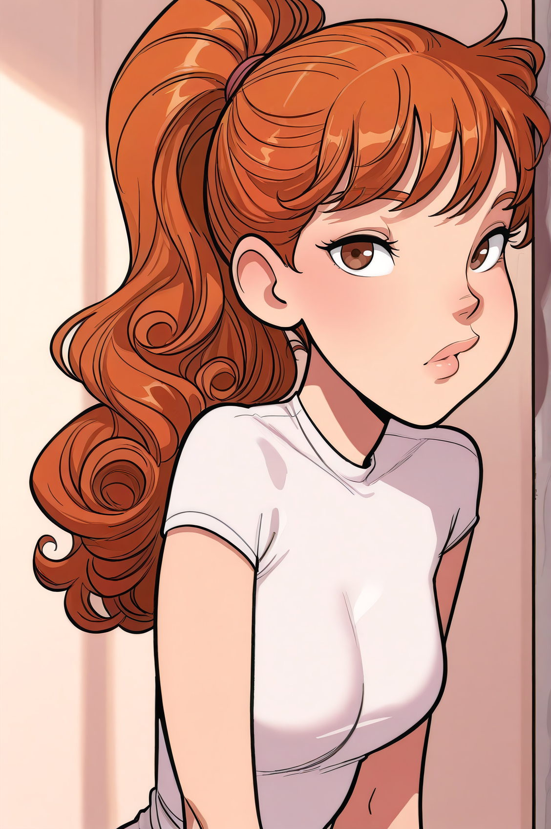masterpiece, best quality, absurdres, 
 <lora:NatAyPapiIllustrious1.0JLFO:1.2> nat, 
1girl, orange hair, curly hair, ponytail, long hair, brown eyes, looking at viewer,