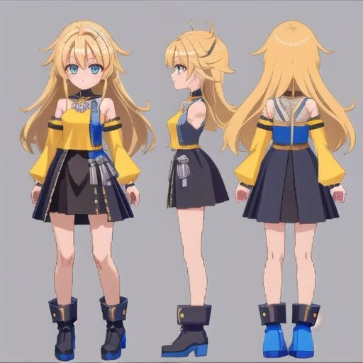 blonde, long hair, very messy hair girl, gothic style, witch, no sleeve yellow shirt, black skirt, shoulder, boots, medieval fantasy, wizard uniform, megaman_legends, lowpoly, PS1, PSX, pixelated, model sheet, simples background, chara-sheet