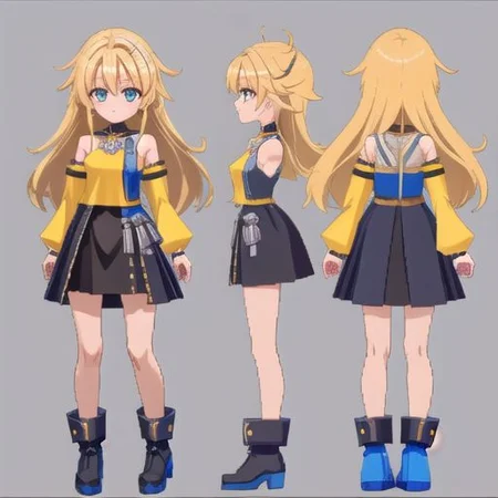 blonde, long hair, very messy hair girl, gothic style, witch, no sleeve yellow shirt, black skirt, shoulder, boots, medieval fantasy, wizard uniform, megaman_legends, lowpoly, PS1, PSX, pixelated, model sheet, simples background, chara-sheet